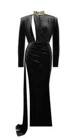 ZENAIDA BLACK CUTOUT HIGH SLIT VELVET GOWN Dresses styleofcb