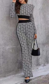 MONOGRAM PRINTED SHOULDER PAD SUIT IN WHITE AND BLACK styleofcb