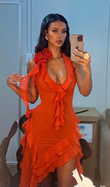 PLUNGING NECKLINE RUFFLE DRESS IN RED styleofcb