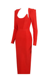 SQUARE SHOULDER CORSET MIDI DRESS IN RED styleofcb