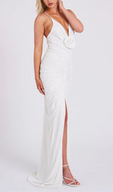 FLOWER-EMBELLISHED PLUNGE MAXI DRESS IN WHITE DRESS STYLE OF CB