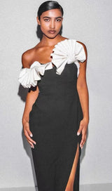 RUFFLED DETAILING SLIT MIDI DRESS IN BLACK DRESS styleofcb