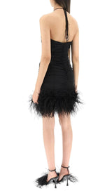 SEXY STRETCH OFF-SHOULDER FEATHER MINI DRESS IN BLACK styleofcb