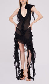 PLUNGING NECKLINE RUFFLE DRESS IN BLACK styleofcb