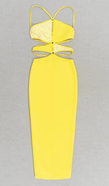 CRISSCROSS HALTERNECK CUTOUT MIDI DRESS IN YELLOW styleofcb