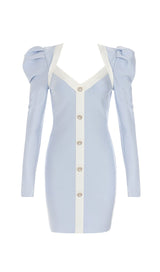 BANDAGE PUFF SLEEVE PEARL BUTTON ELEGANT MINI DRESS IN LIGHT BLUE styleofcb