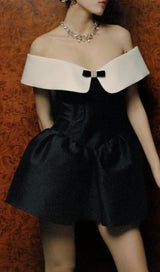 OFF SHOULDER MINI DRESS IN BLACK AND WHITE styleofcb