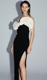 RUFFLED DETAILING SLIT MIDI DRESS IN BLACK DRESS styleofcb