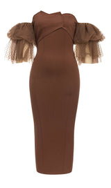 OFF-SHOULDER RUFFLED MIDI DRESS IN BROWN DRESS STYLE OF CB