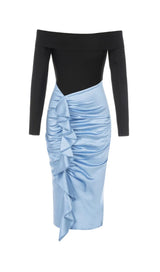 ONE-LINE SHOULDER LOTUS LEAF FISH TAIL DRESS IN BLACK AND BLUE SPLICED styleofcb