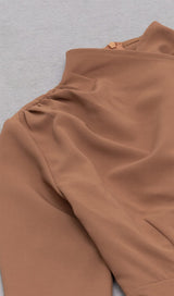 IRREGULAR PLEATED HIGH SPLIT METAL BUCKLE DRESS IN CAMEL styleofcb