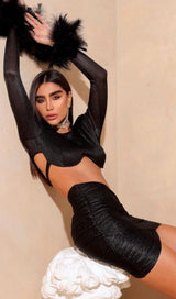 SHOULEDR PAD WAIST BARING FEATHER BLOUSE PLEATED DRESS IN BLACK styleofcb