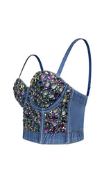 DENIM CRYSTAL EMBELLISHED CROPPED TOP IN NAVY BLUE DRESS STYLE OF CB