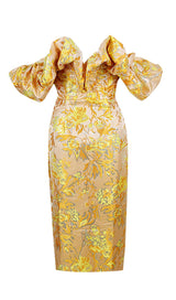 JACQUARD OFF SHOULDER MIDI DRESS IN YELLOW styleofcb