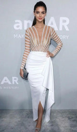 DIAMOND PERSPECTIVE IRREGULAR HEMLINE DRESS IN WHITE styleofcb