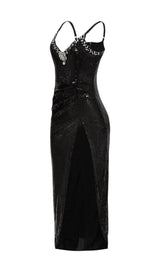 SEQUIN CRYSTAL V NECK MAXI DRESS IN BLACK styleofcb