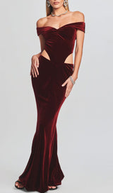 OFF SHOULDER WAIST HOLLOW VELVET MAXI DRESS IN BURGUNDY styleofcb