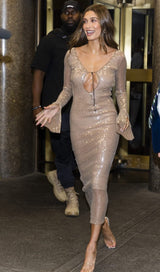 SEQUINED WITH LONG SLEEVES AND BACKLESS DRESS IN KHAKI styleofcb