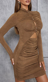 CARAMEL TURTLENECK WAIST HOLLOW PLEATED DRESS styleofcb