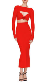 CUTOUT LONG SLEEVE MIDI DRESS IN RED styleofcb