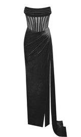 PRIYA BLACK DRAPING CORSET HIGH SLIT VELVET GOWN Dresses styleofcb