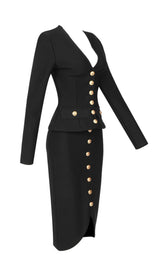 V-NECK METAL BUTTON DECORATIVE SLIM FIT SKIRT IN BLACK styleofcb