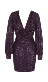 GLITTER PLEATS BIG V-NECK WRAP HIP DRESS IN PURPLE styleofcb