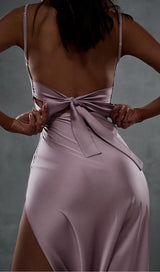 SATIN BACKLESS STRAP SPLIT HALTER MAXI DRESS IN PINK styleofcb