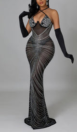 LACE SEE-THROUGH DIAMONDS MAXI DRESS IN BLACK styleofcb