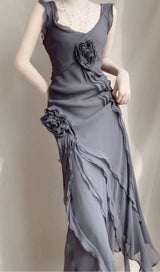 MESH VINTAGE FLORAL PLEATED MAXI DRESS IN GREY styleofcb
