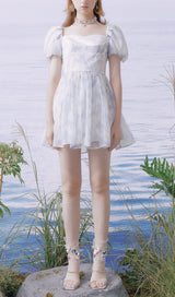 PUFF FLORAL-PRINT MINI DRESS IN GRAYISH-BLUE DRESS STYLE OF CB