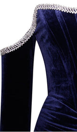 ODETTE NAVY VELVET OFF SHOULDER CORSET DRESS WITH CRYSTAL TRIM Dresses styleofcb