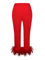 RED BLAZER SUIT WITH FEATHER TRIM Bottoms styleofcb
