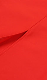 STRETCH STRAPLESS FEATHER TRIMMED GOWN IN RED styleofcb