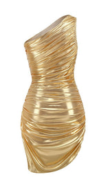 ONE SHOULDER RUCHED MINI DRESS IN GOLD Dresses styleofcb