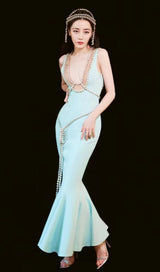 BANDAGE FISHTAIL SLEEVELESS HIGH WAIST MAXI DRESS IN AQUAMARINE styleofcb