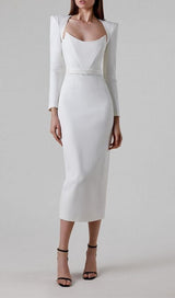 SQUARE SHOULDER CORSET MIDI DRESS IN WHITE styleofcb
