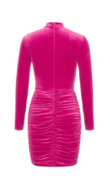 HANGING NECK MESH STITCHED VELVET MINI DRESS IN BARBIE PINK styleofcb