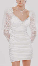 PLEATED DRESS WITH LACE PUFFED SLEEVES IN WHITE styleofcb