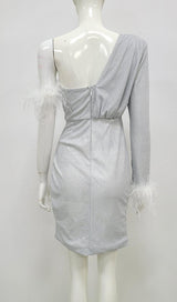 LONG SLEEVE SEQUIN FEATHER MINI DRESS IN SILVER styleofcb