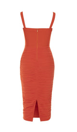 MESH RUCHED MIDI DRESS IN ORANGE styleofcb
