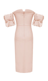 STRAPLESS DRAPED SLEEVE SLITS BANDAGE DRESS IN BEIGE Dresses styleofcb