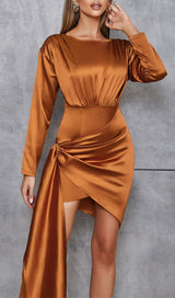 IRREGULAR RUFFLED BUTTOCK WRAP DRESS IN CARAMEL styleofcb