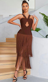 BROWN SLEEVELESS CHEST HOLLOW FRINGE HEM SKINNY MAXI DRESS styleofcb