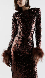 SEQUIN PATCHWORK PLUSH CUFF DRESS IN BROWN styleofcb