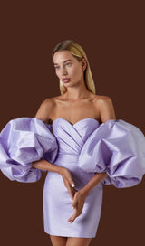 SATIN PUFF SLEEVE MINI DRESS IN LIGHT PURPLE styleofcb