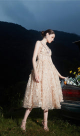 SEQUIN BUTTERFLY EMBELLISHED CRYSTAL MIDI DRESS styleofcb