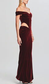 OFF SHOULDER WAIST HOLLOW VELVET MAXI DRESS IN BURGUNDY styleofcb
