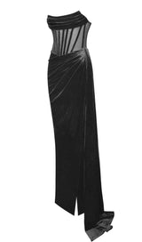 PRIYA BLACK DRAPING CORSET HIGH SLIT VELVET GOWN Dresses styleofcb