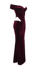 OFF SHOULDER WAIST HOLLOW VELVET MAXI DRESS IN BURGUNDY styleofcb